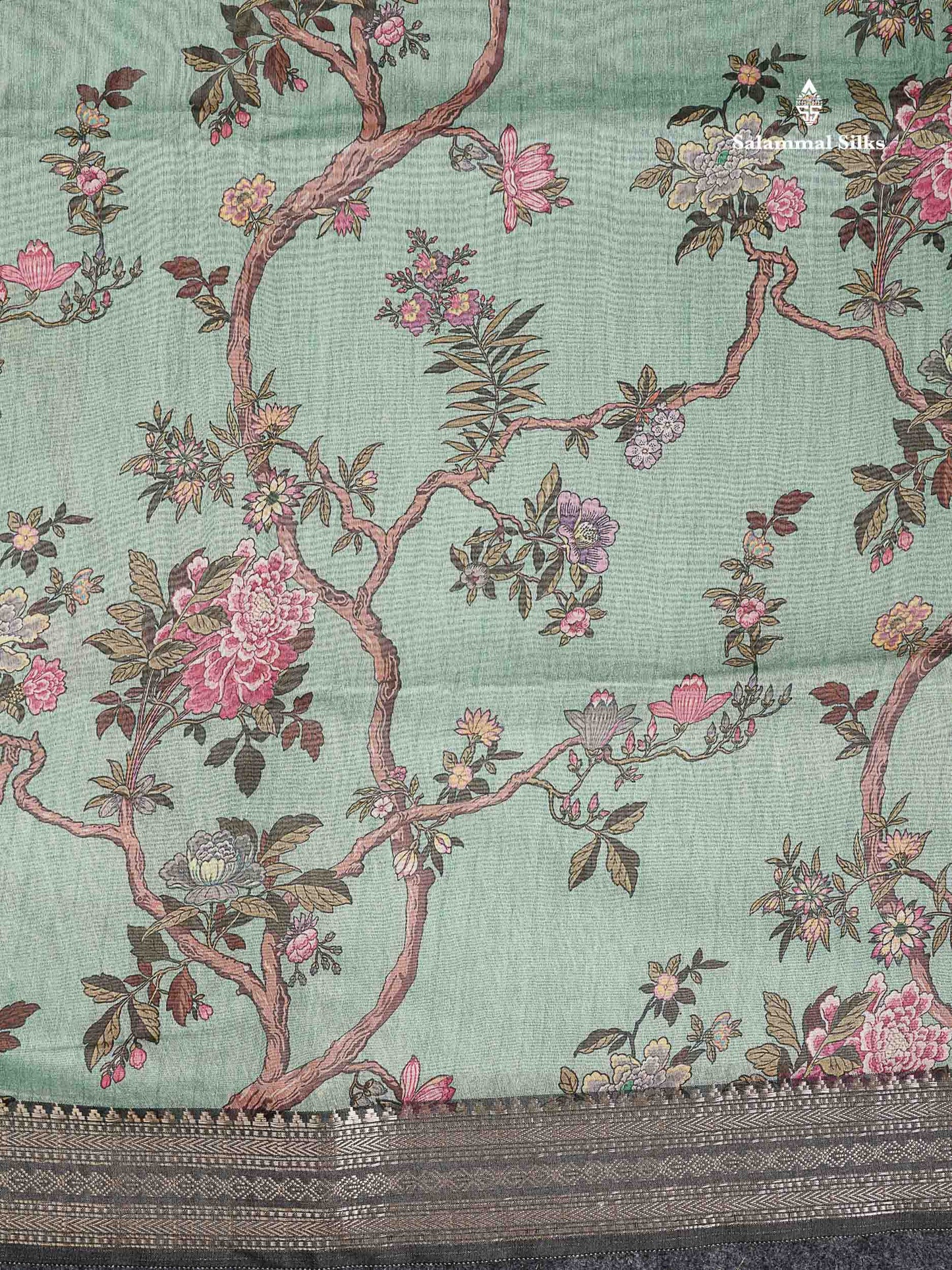 Chanderi Mixed Cotton - Elaichi Green Floral Design With Fancy Border