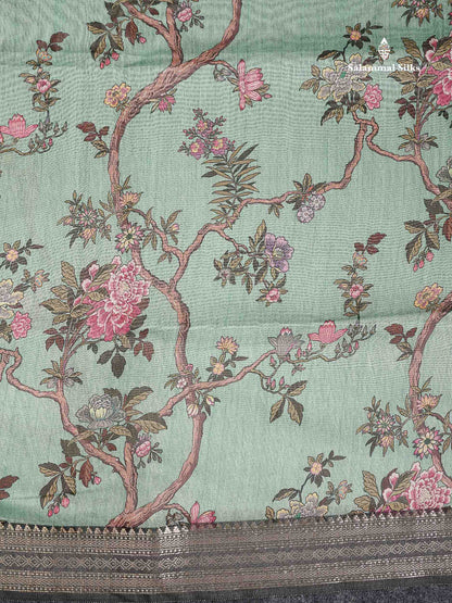 Chanderi Mixed Cotton - Elaichi Green Floral Design With Fancy Border