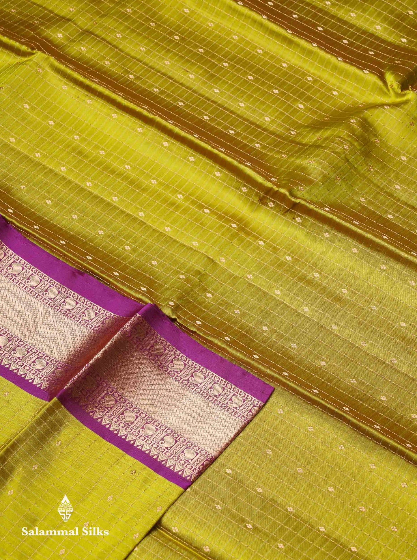 Beautiful Golden Yellow Zari Checks  With Small Butta Pure Kanjivaram Silk Saree With Contrast Magenta Traditional Evening Morning Border