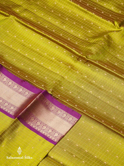 Beautiful Golden Yellow Zari Checks  With Small Butta Pure Kanjivaram Silk Saree With Contrast Magenta Traditional Evening Morning Border