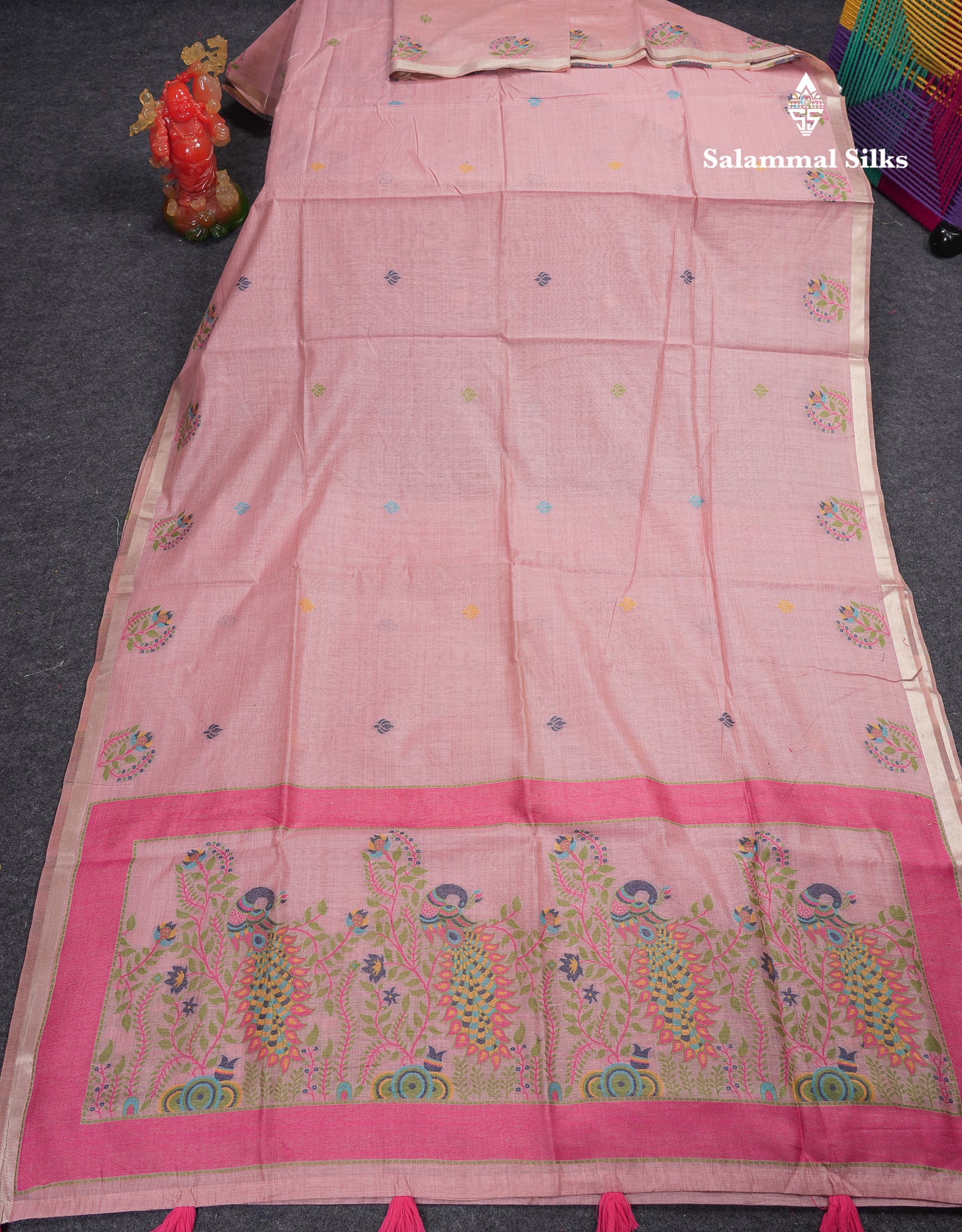 Beautiful Dark Peach Menakari Work Butta Muga Cotton Saree With Blouse