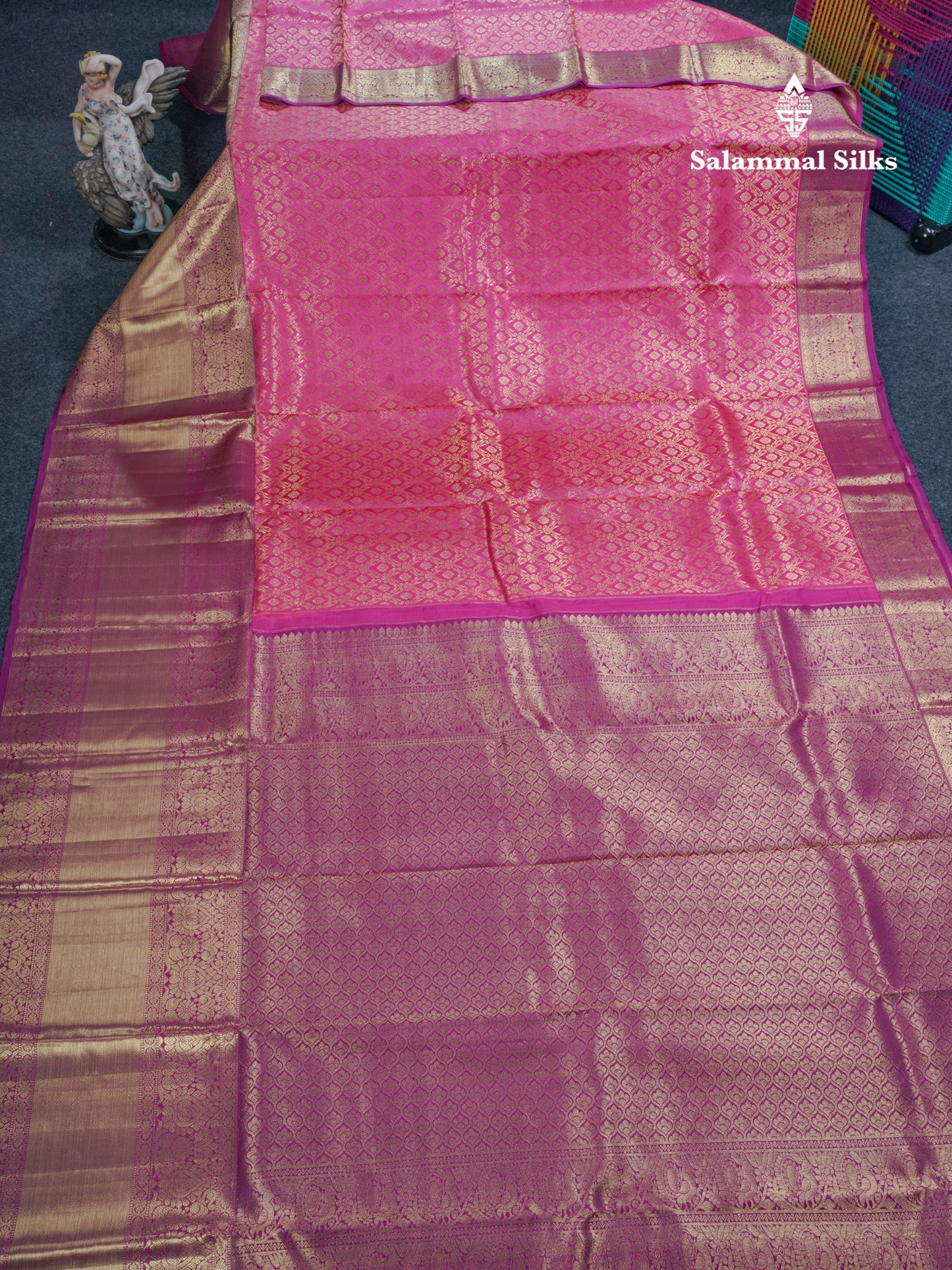 Rani Pink Meenakari Work Bridal Pure Kanjivaram Silk Saree With Magenta Evening Morning Border