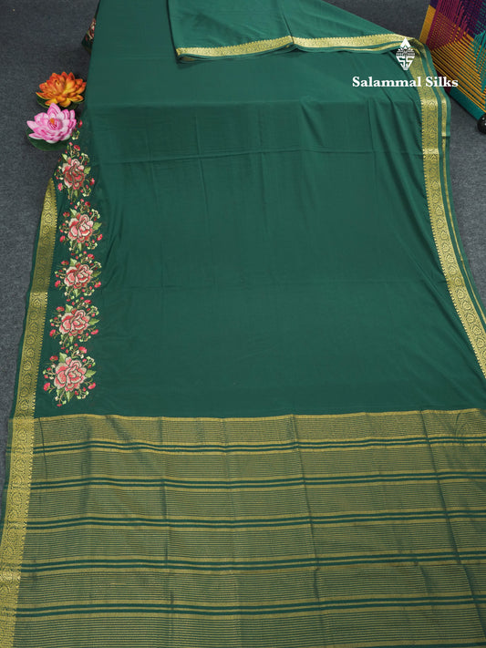 Bottle Green Plain Semi Mysore Crepe Saree With Embroidery Work Border
