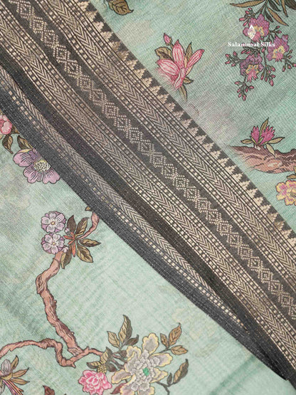 Chanderi Mixed Cotton - Elaichi Green Floral Design With Fancy Border