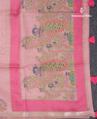 Beautiful Dark Peach Menakari Work Butta Muga Cotton Saree With Blouse