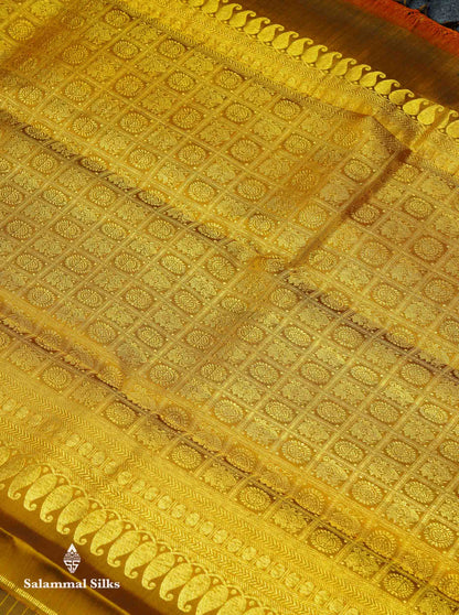 Beautiful Black Pure Kanjivaram Silk Saree With Contrast Olive Mustard Yellow Traditional Rettapet Border