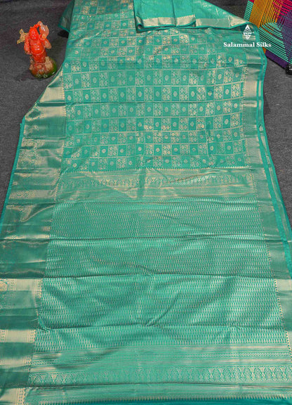 Semi Silk Saree - Sapphire Green Colour Body With Traditional Evening Morning Border