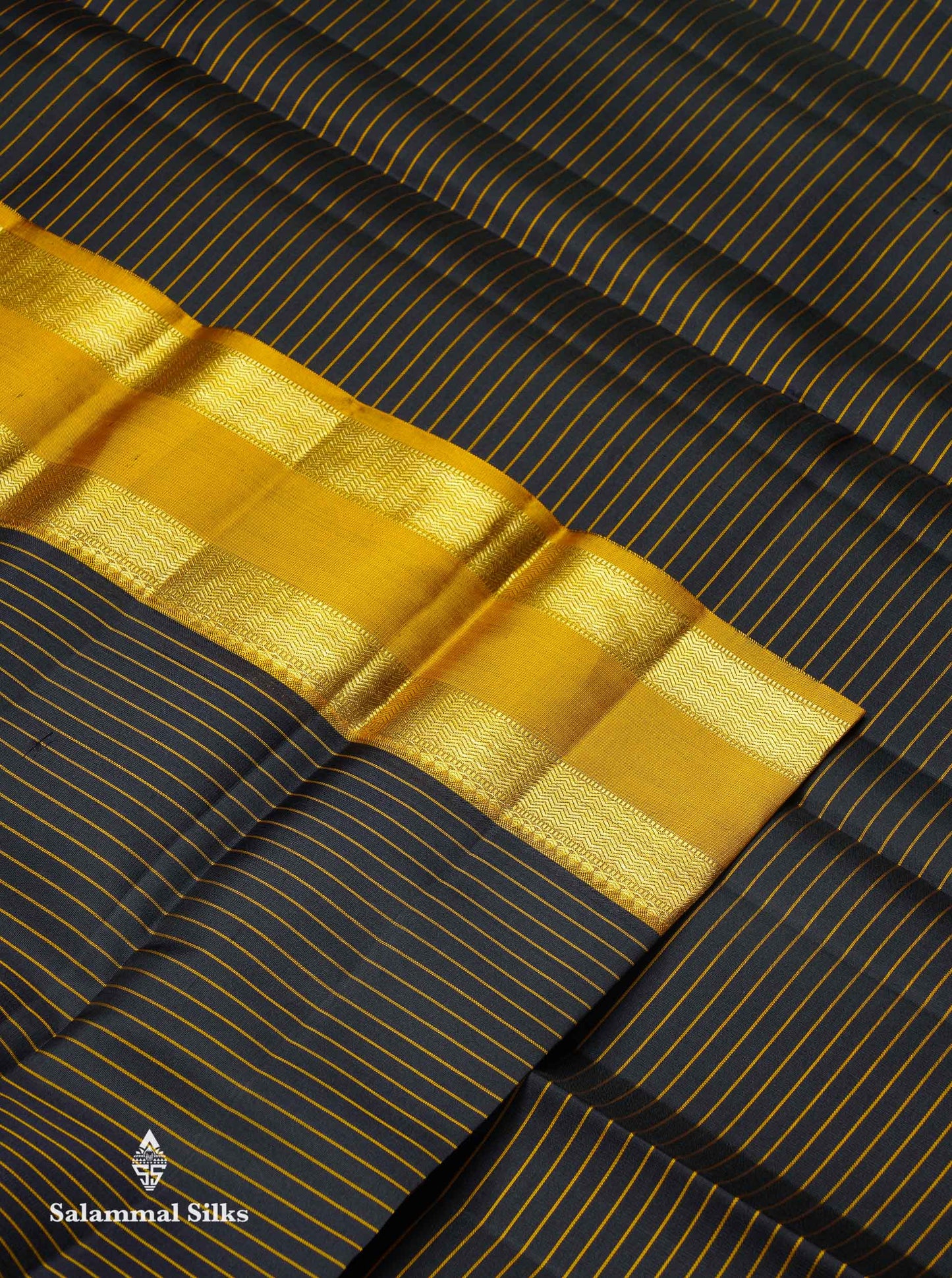 Beautiful Black Pure Kanjivaram Silk Saree With Contrast Olive Mustard Yellow Traditional Rettapet Border