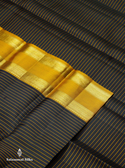 Beautiful Black Pure Kanjivaram Silk Saree With Contrast Olive Mustard Yellow Traditional Rettapet Border