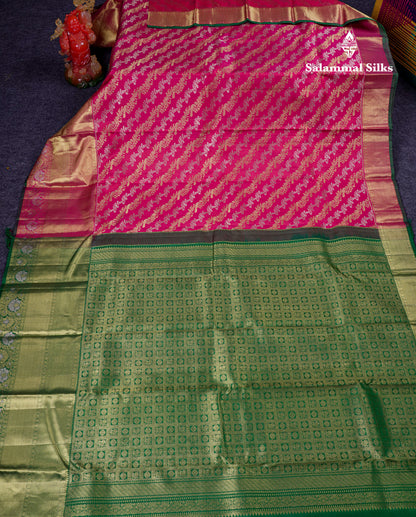Beautiful Pink Gold & Silver Zari Buttas Bridal Pure Kanjivaram Silk Saree With Traditional Evening Morning Border