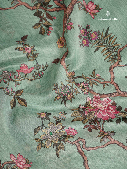 Chanderi Mixed Cotton - Elaichi Green Floral Design With Fancy Border
