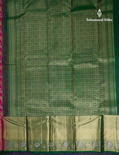 Beautiful Pink Gold & Silver Zari Buttas Bridal Pure Kanjivaram Silk Saree With Traditional Evening Morning Border