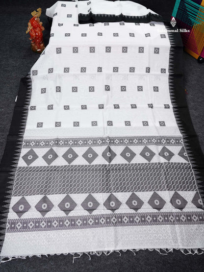 Kota Cotton Saree - White Thread Butta Along With Contrast Black Temple Border