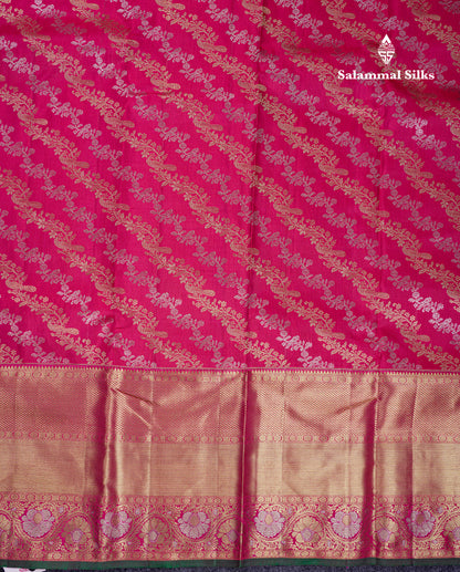 Beautiful Pink Gold & Silver Zari Buttas Bridal Pure Kanjivaram Silk Saree With Traditional Evening Morning Border