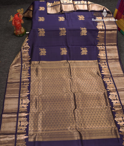 Beautiful Navy Blue Pure Kanjivaram Silk Saree With Traditional Pallaku Border