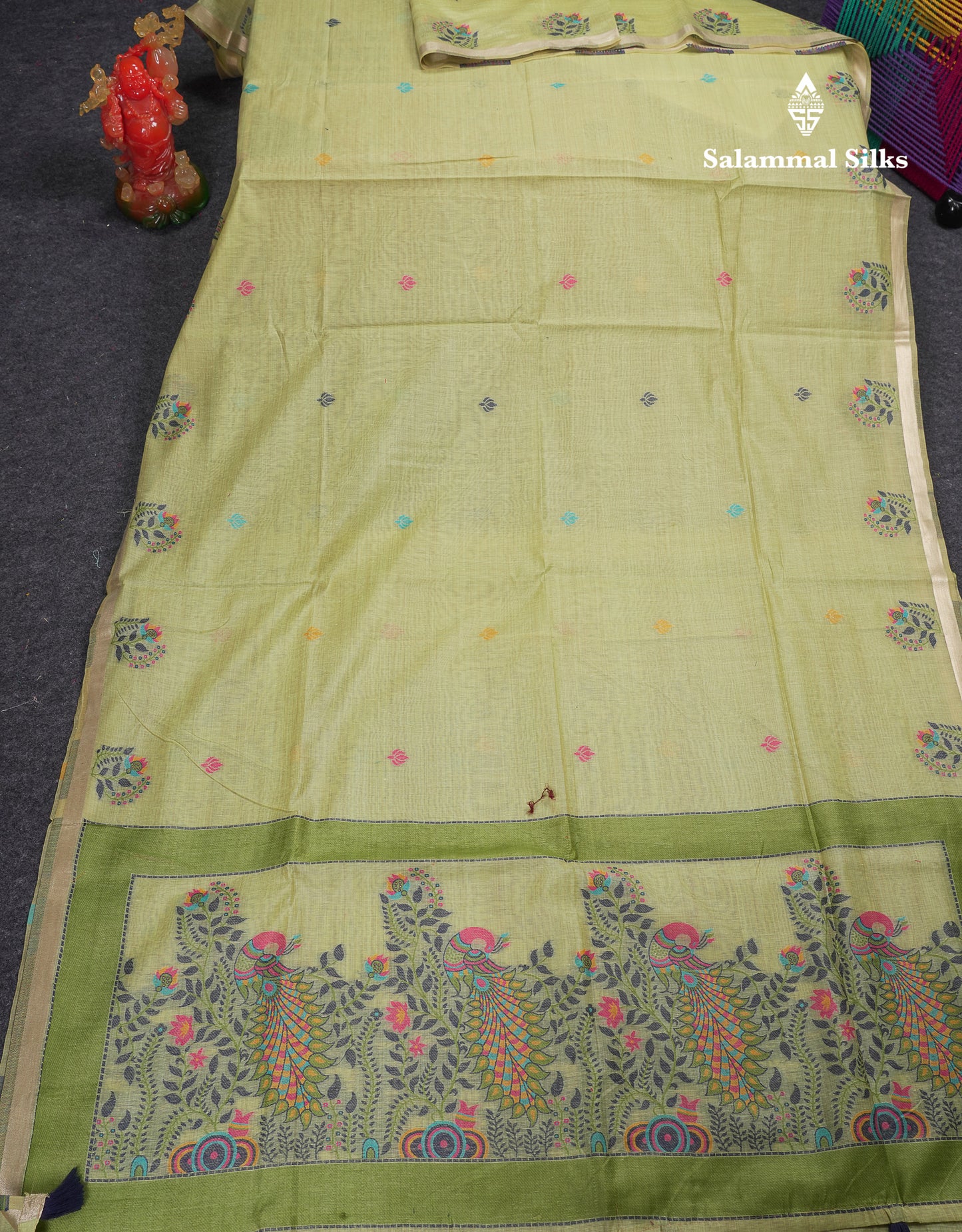 Beautiful Dark Peach Menakari Work Butta Muga Cotton Saree With Blouse