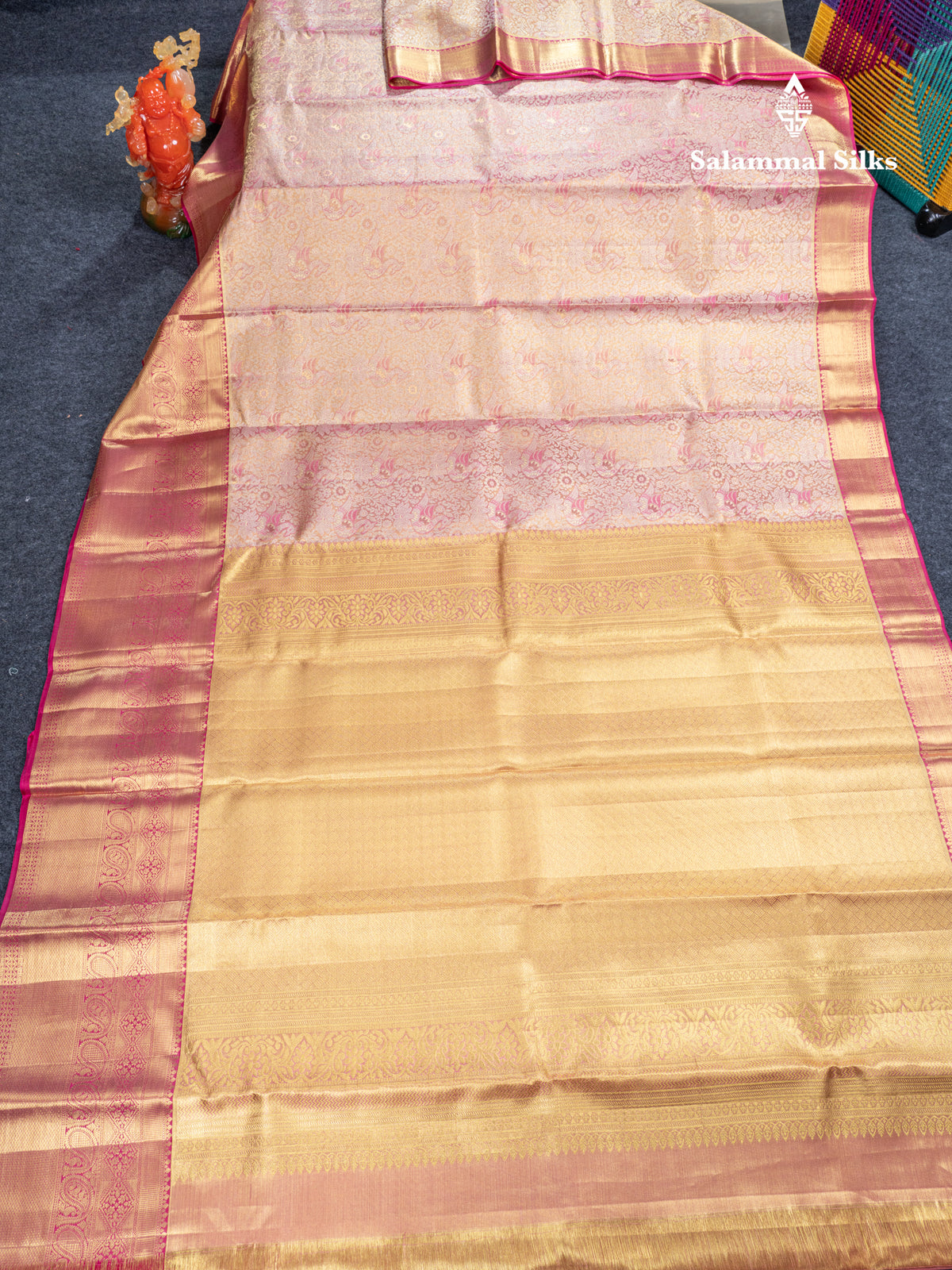 Light Pink Tissue Bridal Pure Kanjivaram Silk Saree With Contrast Pink Traditional Evening Morning Border