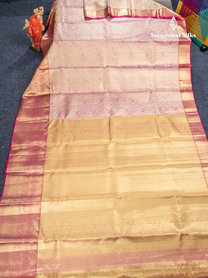 Light Pink Tissue Bridal Pure Kanjivaram Silk Saree With Contrast Pink Traditional Evening Morning Border