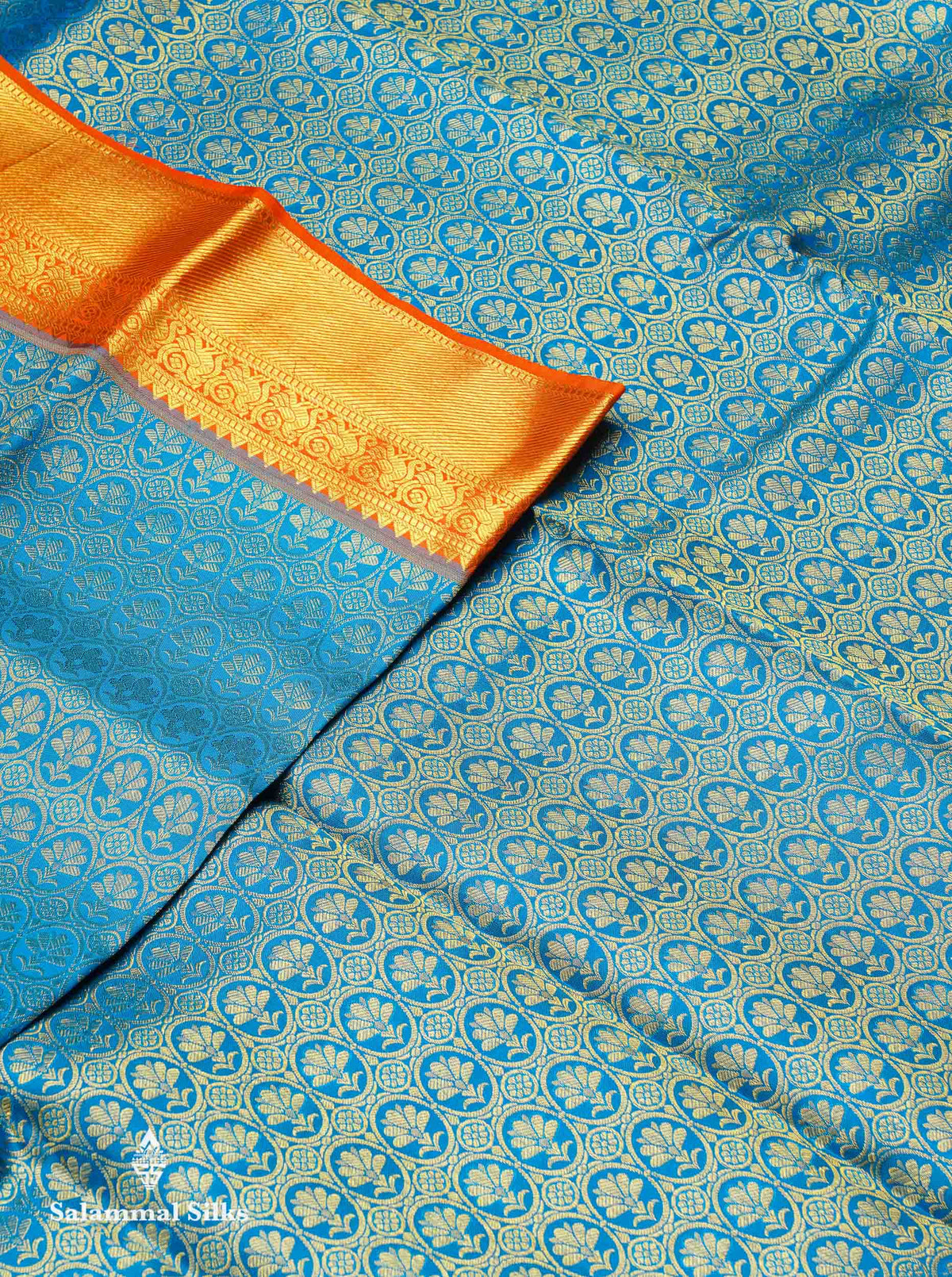 Beautiful Ramar Blue Bridal Pure Kanjivaram Silk Saree With Contrast Orange Traditional Evening Morning Border