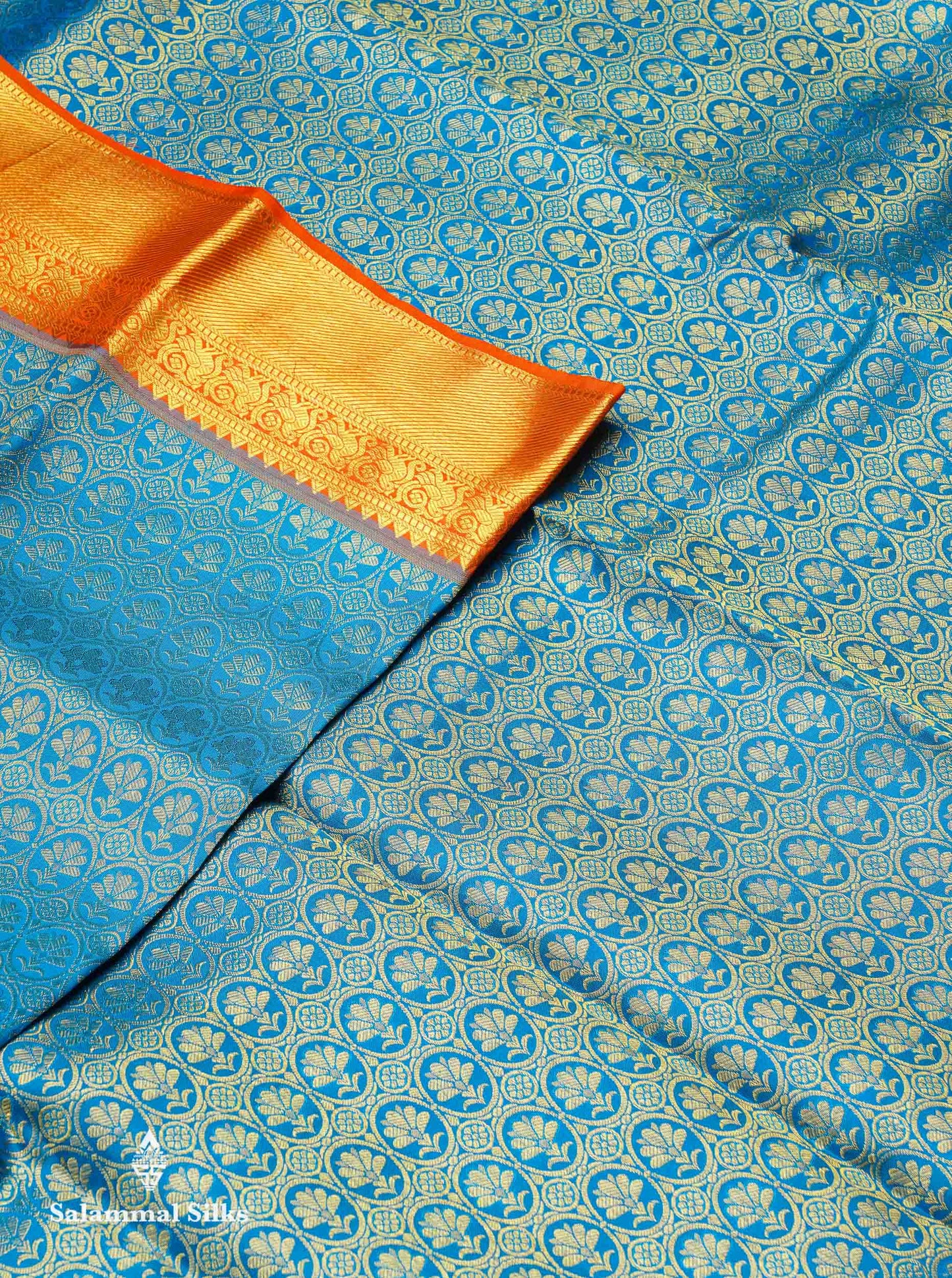 Beautiful Ramar Blue Bridal Pure Kanjivaram Silk Saree With Contrast Orange Traditional Evening Morning Border