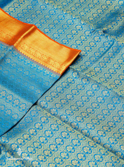 Beautiful Ramar Blue Bridal Pure Kanjivaram Silk Saree With Contrast Orange Traditional Evening Morning Border