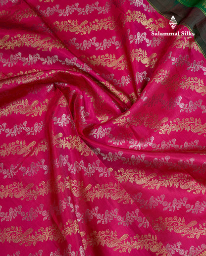 Beautiful Pink Gold & Silver Zari Buttas Bridal Pure Kanjivaram Silk Saree With Traditional Evening Morning Border