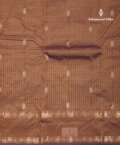 Light Weight Semi Silk Saree - Brown Checks With Butta With Traditional Rettapet Border