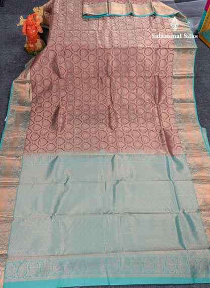Light Chocolate Puremix Silk Saree With Contrast Sea Blue Traditional Border