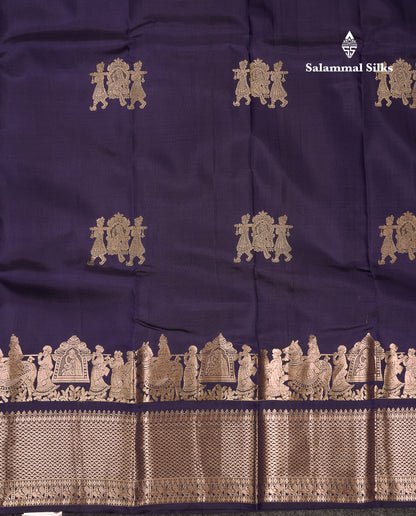 Beautiful Navy Blue Pure Kanjivaram Silk Saree With Traditional Pallaku Border