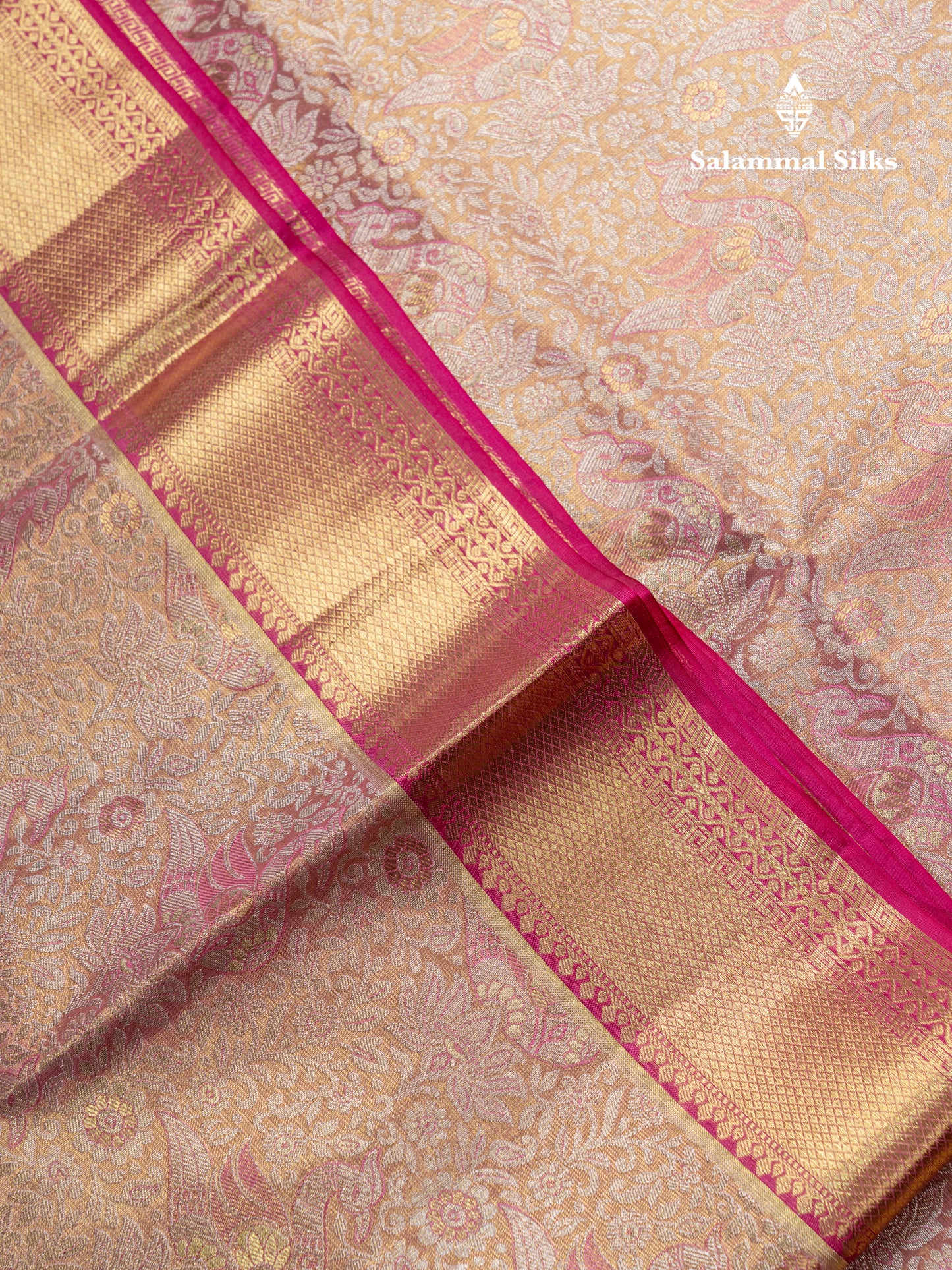 Light Pink Tissue Bridal Pure Kanjivaram Silk Saree With Contrast Pink Traditional Evening Morning Border