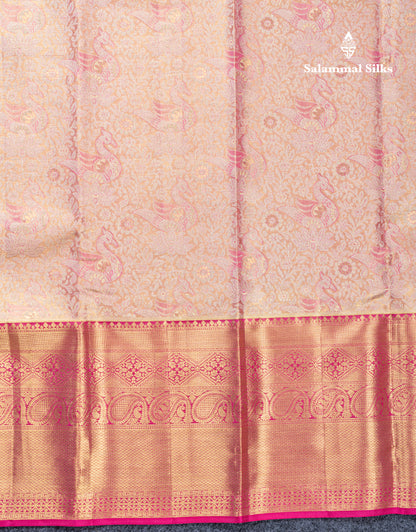Light Pink Tissue Bridal Pure Kanjivaram Silk Saree With Contrast Pink Traditional Evening Morning Border
