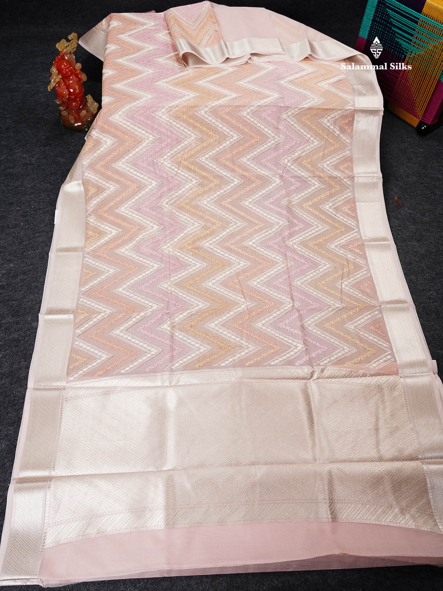 Semi Organza -  Multi Colour Zig-Zag Thread Work  Fancy Saree With Traditional Border