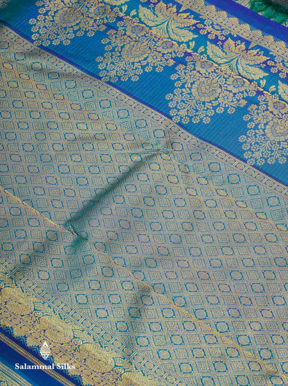 Beautiful Dual Tone Peacock Blue Bridal Pure Kanjivaram Silk Saree With Traditional Border