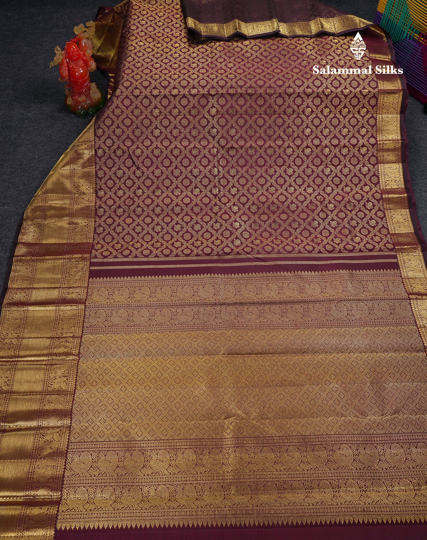 Beautiful Dark Magenta Peacock & Chakaram Butta Bridal 2G Pure Kanjivaram Silk Saree With Traditional Evening Morning Border