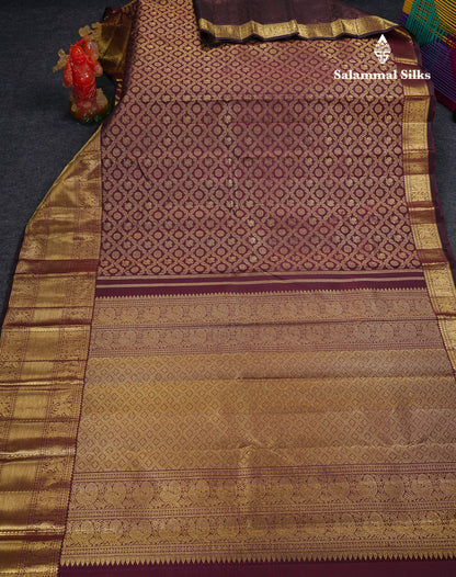 Beautiful Dark Magenta Peacock & Chakaram Butta Bridal 2G Pure Kanjivaram Silk Saree With Traditional Evening Morning Border