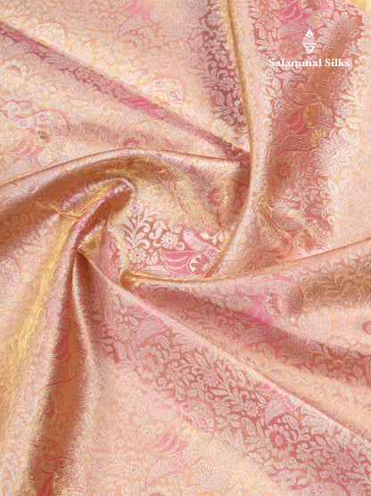 Light Pink Tissue Bridal Pure Kanjivaram Silk Saree With Contrast Pink Traditional Evening Morning Border