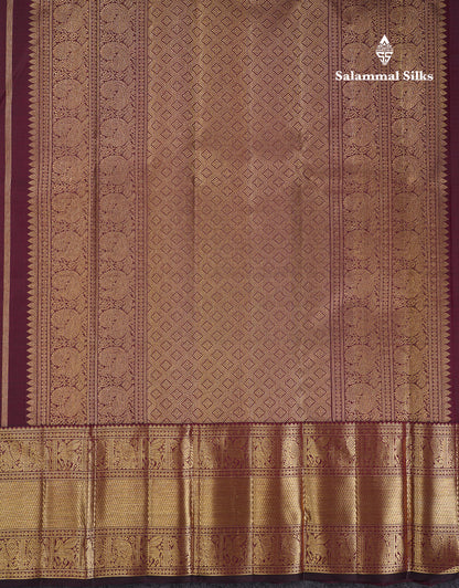 Beautiful Dark Magenta Peacock & Chakaram Butta Bridal 2G Pure Kanjivaram Silk Saree With Traditional Evening Morning Border
