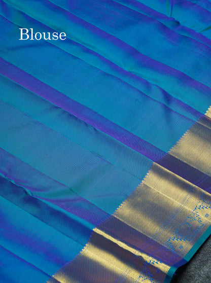 Beautiful Dual Tone Peacock Blue Bridal Pure Kanjivaram Silk Saree With Traditional Border