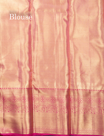 Light Pink Tissue Bridal Pure Kanjivaram Silk Saree With Contrast Pink Traditional Evening Morning Border