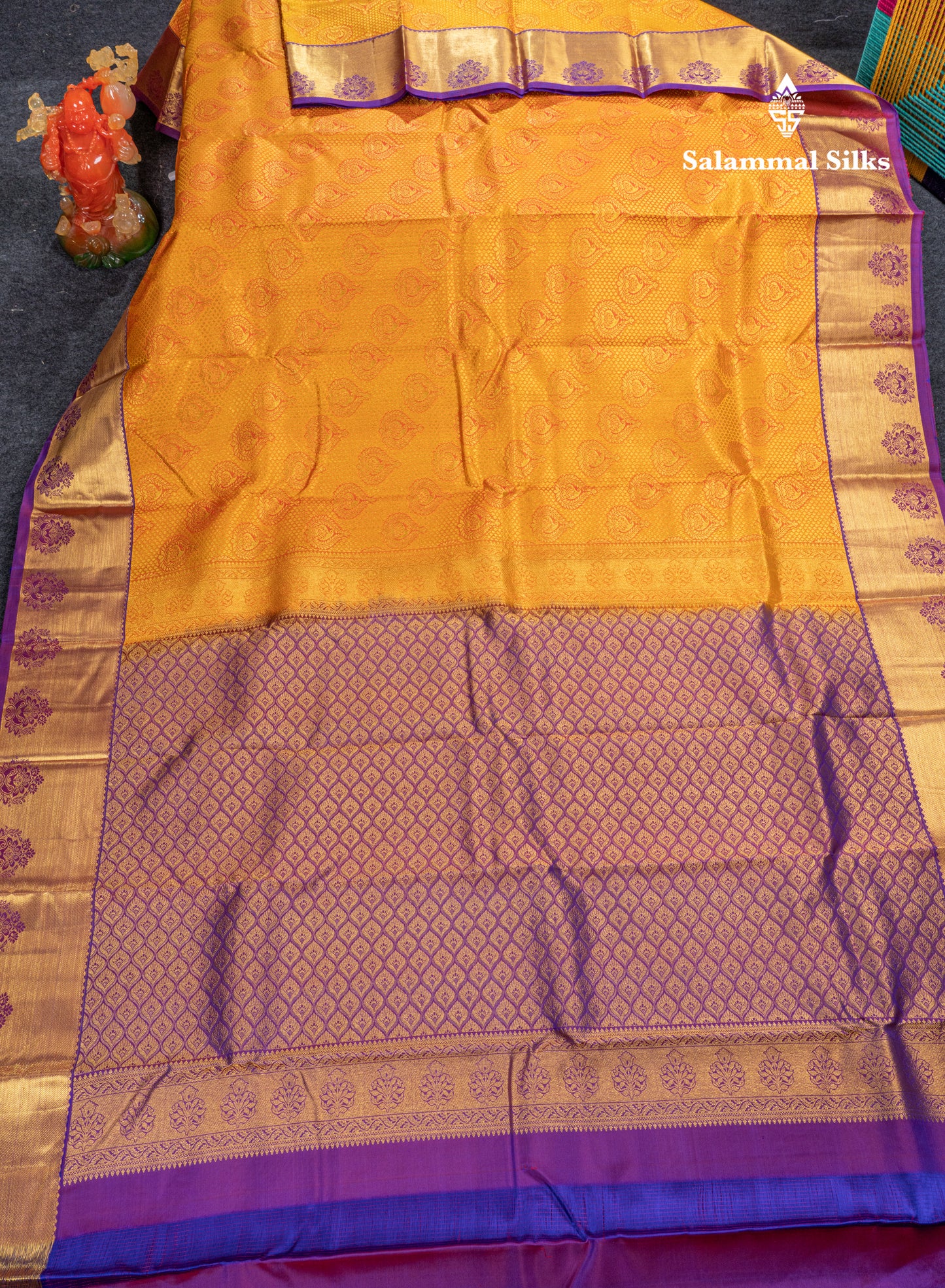 Beautiful Mango Yellow Bridal Pure Kanjivaram Silk Saree With Contrast Purple Border