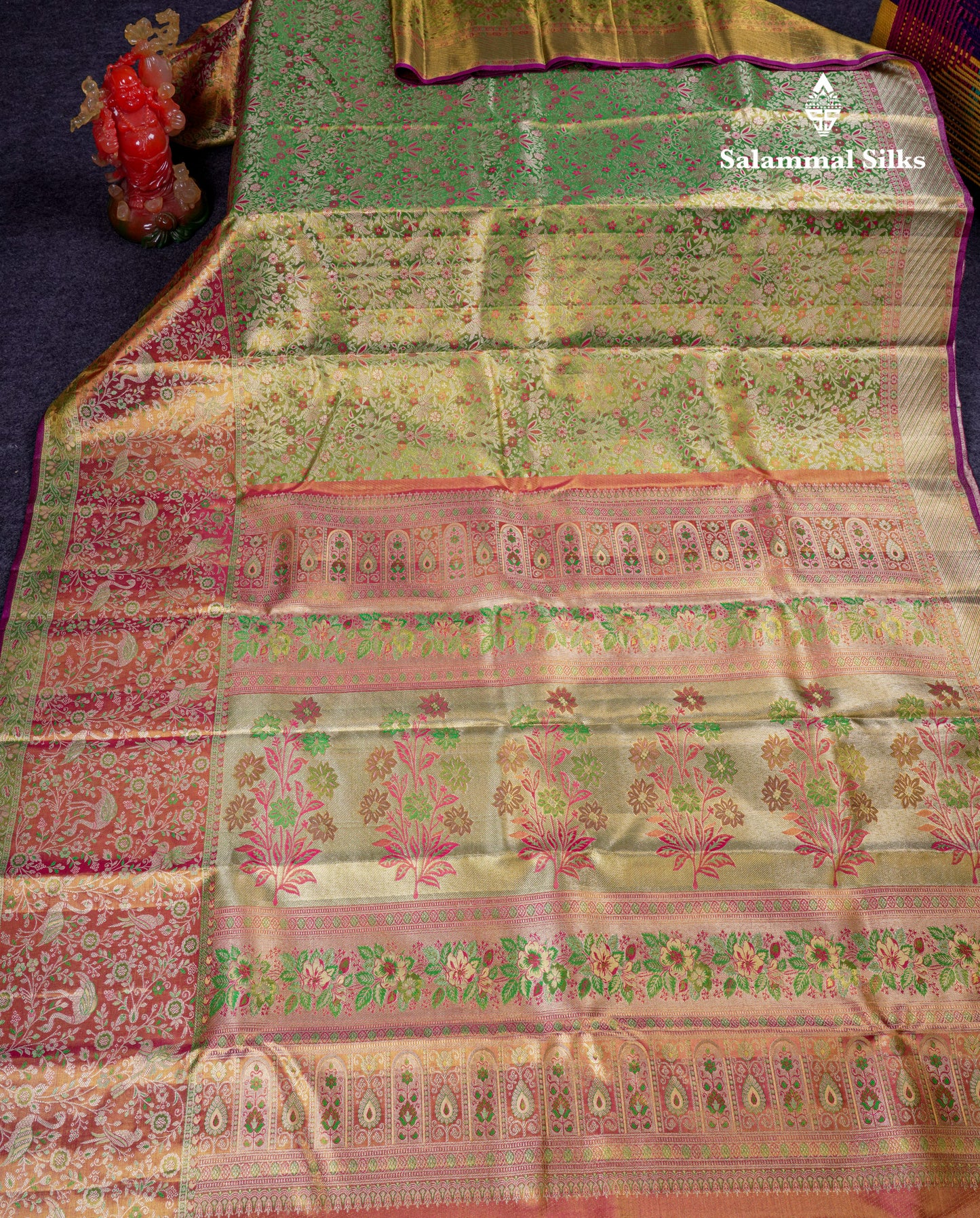 Beautiful Green Tissue Bridal Pure Kanjivaram Silk Saree With Contrast Pink Fancy Border