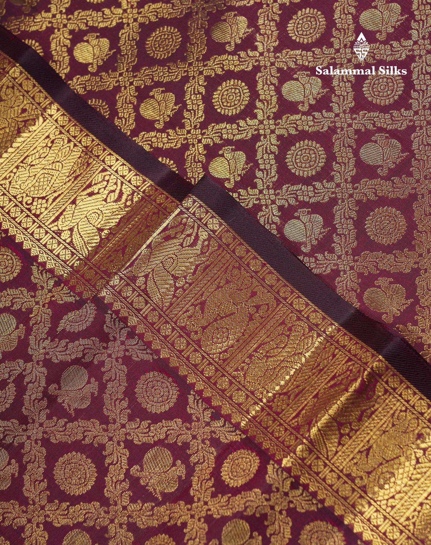 Beautiful Dark Magenta Peacock & Chakaram Butta Bridal 2G Pure Kanjivaram Silk Saree With Traditional Evening Morning Border