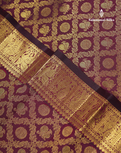 Beautiful Dark Magenta Peacock & Chakaram Butta Bridal 2G Pure Kanjivaram Silk Saree With Traditional Evening Morning Border
