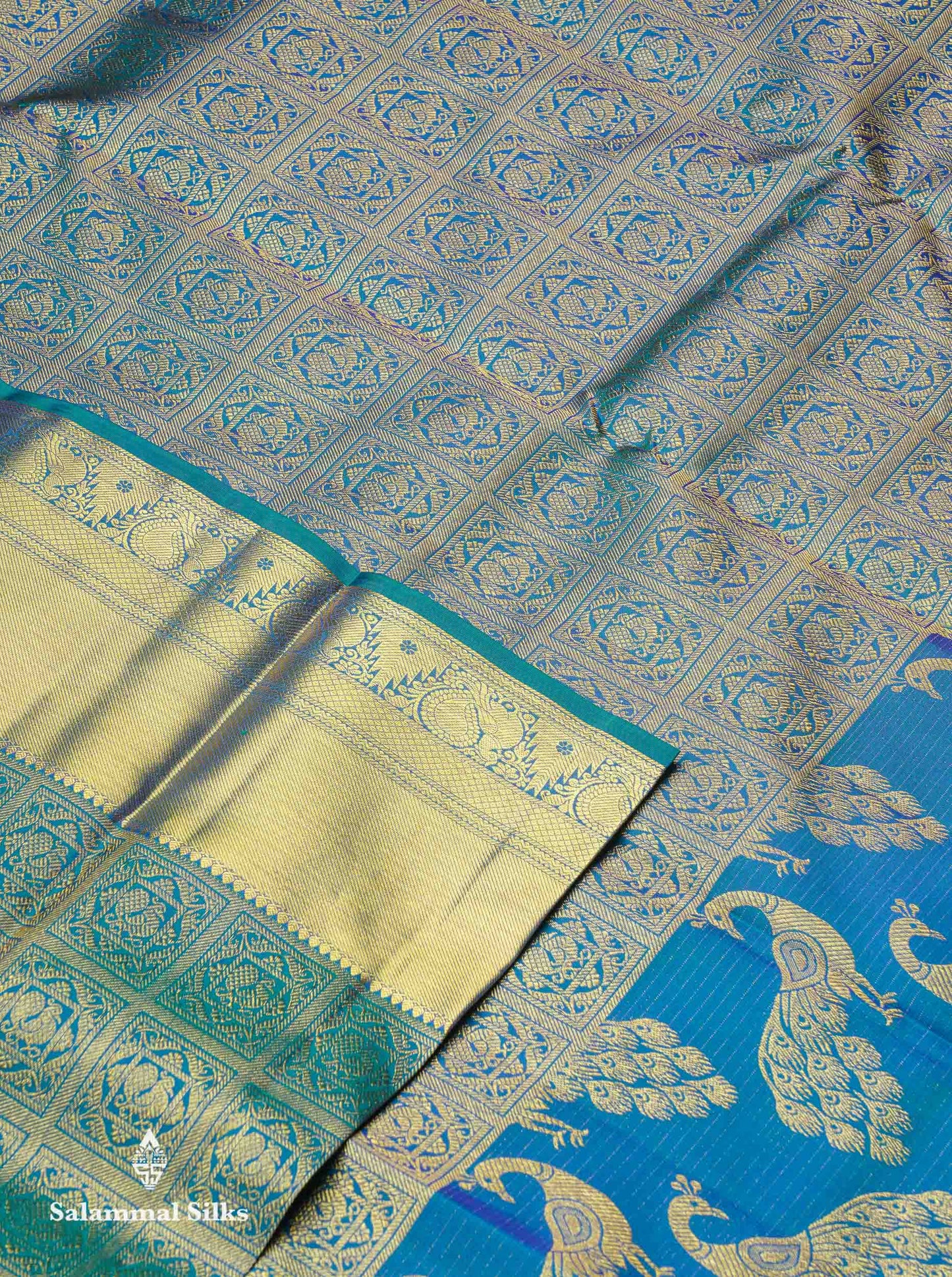 Beautiful Dual Tone Peacock Blue Bridal Pure Kanjivaram Silk Saree With Traditional Border