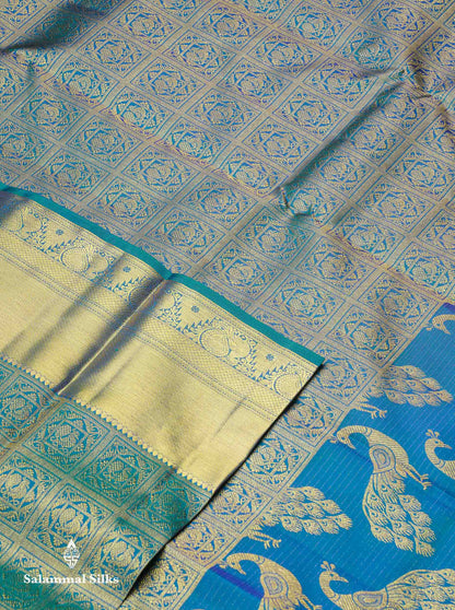 Beautiful Dual Tone Peacock Blue Bridal Pure Kanjivaram Silk Saree With Traditional Border