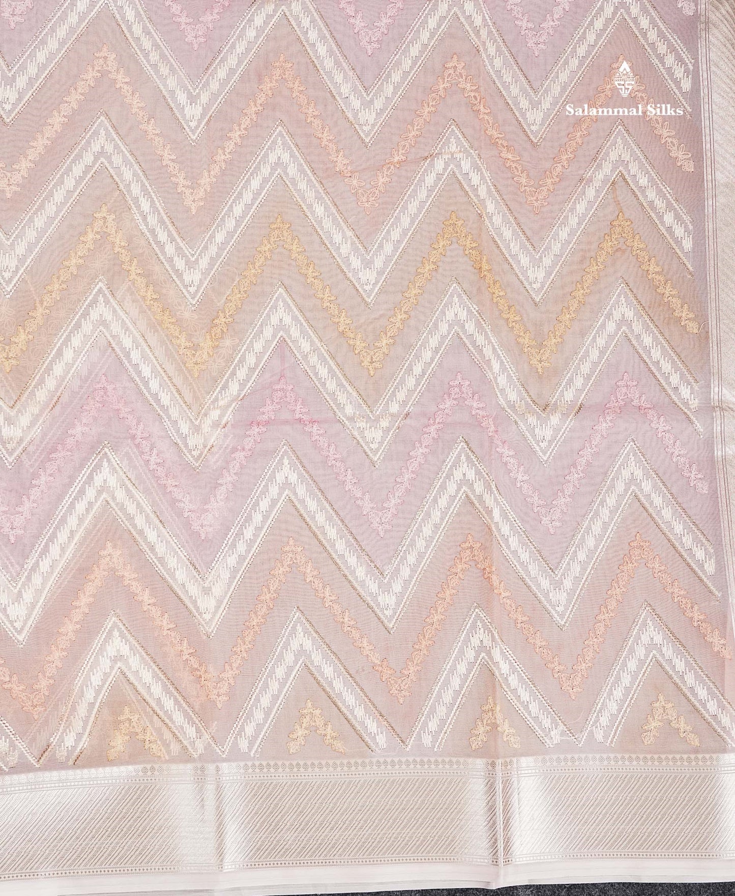 Semi Organza -  Multi Colour Zig-Zag Thread Work  Fancy Saree With Traditional Border