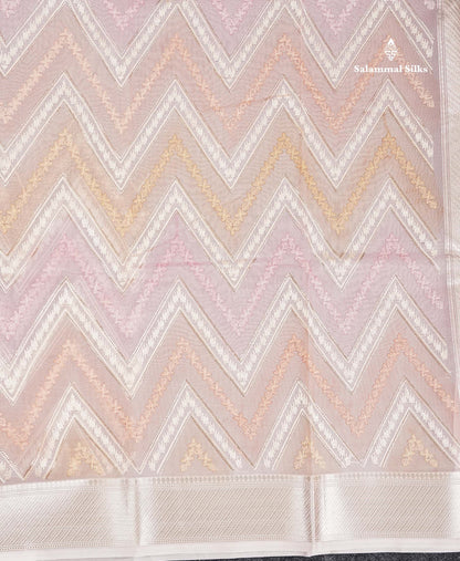 Semi Organza -  Multi Colour Zig-Zag Thread Work  Fancy Saree With Traditional Border