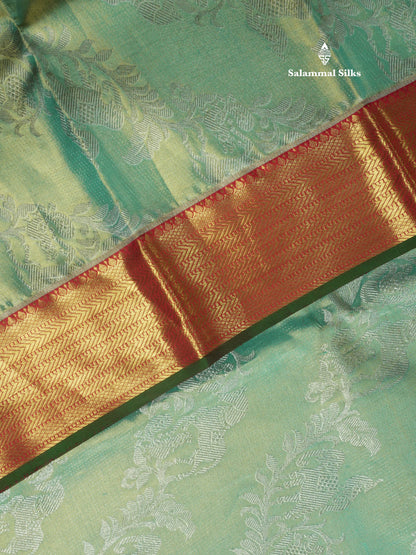 Beautiful Rexona Green Tissue Pure Kanjivaram Silk Saree With Contrast Red Border