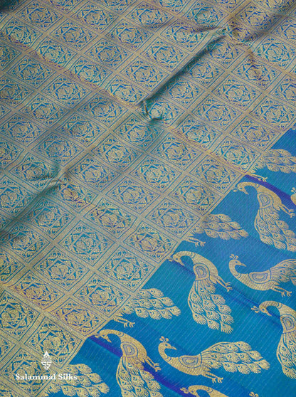 Beautiful Dual Tone Peacock Blue Bridal Pure Kanjivaram Silk Saree With Traditional Border