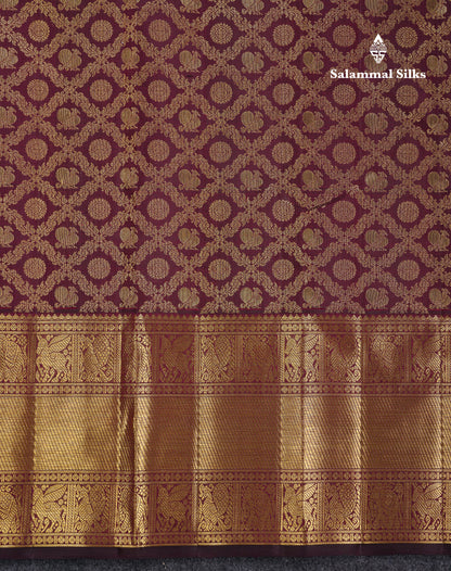 Beautiful Dark Magenta Peacock & Chakaram Butta Bridal 2G Pure Kanjivaram Silk Saree With Traditional Evening Morning Border